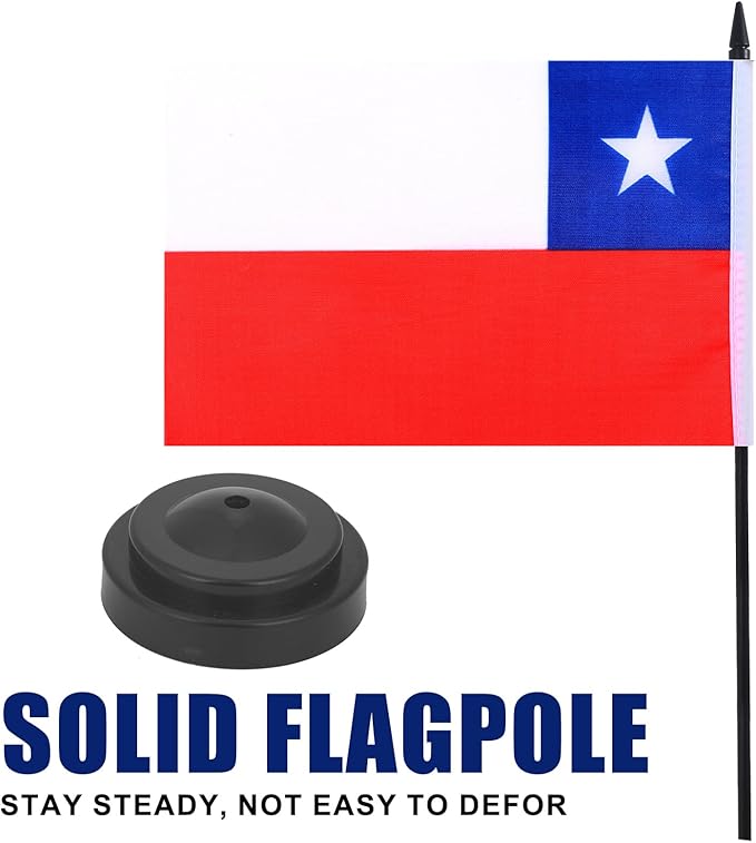 Chile Desk Flag 12" Solid Pole Deluxe Set Chilean Flags Banner Mini Small Chile Office Table Flags with Black Stand Base Desktop Decorations(2Pack)