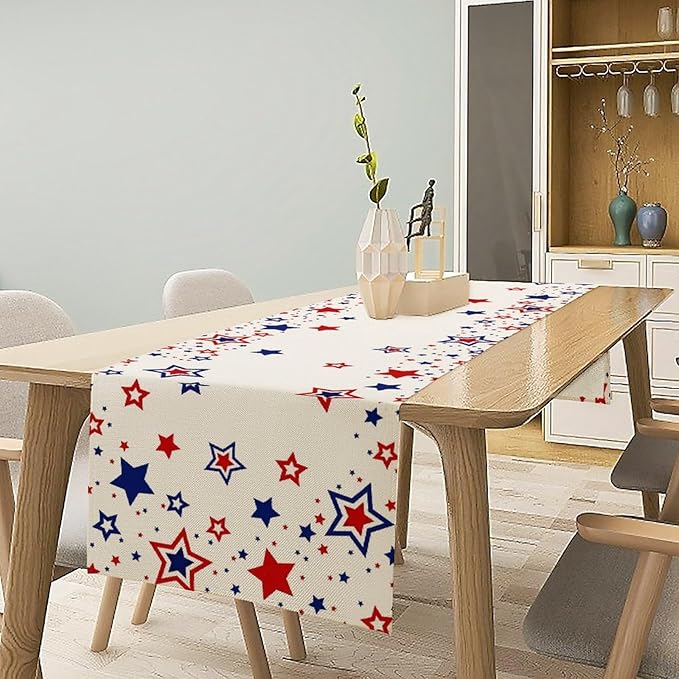 4th of July Table Runner, American Stars Patriotic Independence Day Table Runner for Indoor Outdoor Party Home Kitchen Dining Table Decor, Blue Red, 13x90inch