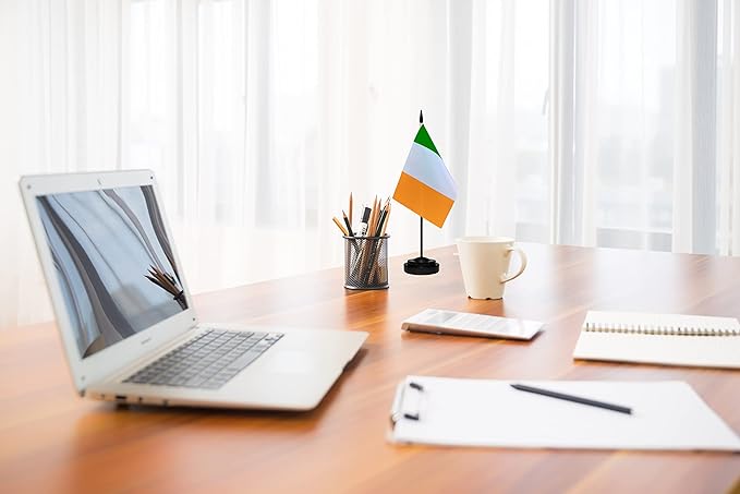 Ireland Irish Deluxe Desk Flag Set Small Mini Miniature Ireland Irish Table Desktop Flags With Solid Pole, Black Base and Spear Top(2 Pack)