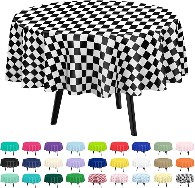 QIKSION Black and White Gingham Round Tablecloth 2 Pack, 84 Inch Plastic Checkered Table Cover Disposable for Parties