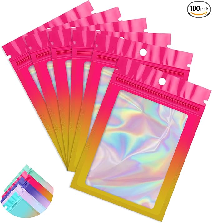 Funfery 100 Pack Gradient Holographic Bags,Mylar Resealable Bags with Zipper,Clear Window Packaging Pouchs,Smell Proof Bag for Food Storage,Sample Jewelry Bag(3.5x4.7In,Hot Pink Orange)