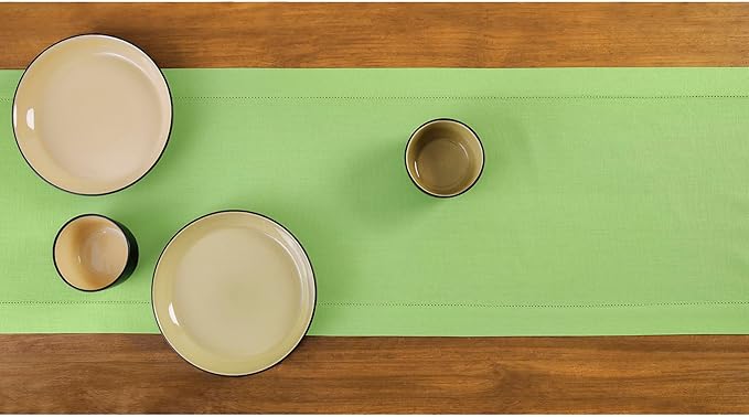 Solino Home Table Runner 90 Inches Long - Cotton Linen Hemstitch Apple Green Table Runner 14 x 90 Inch