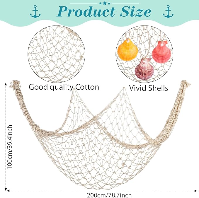 11 Pcs Wooden Nautical Wall Decor Fishing Net Decorations, Include Decorative Fishing Net, Ship Wheel, Fish Skeleton, Life Ring, Anchor, Starfish Beach Decor for Mediterranean Party (Wood Color)