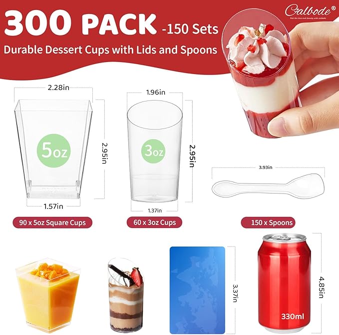 300 Pack Mini Dessert Cups with Spoons – Clear Plastic Parfait Cups for Parties, Ice Cream, Pudding, Fruit Shooters (3oz & 5oz, Oval & Square). Perfect for Appetizers & Entertaining