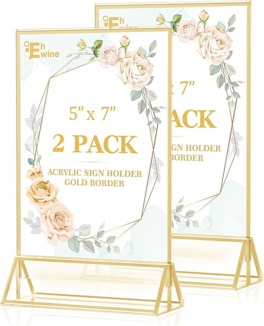 EHWINE 2 Pack Acrylic Sign Holder 5 x 7, Double Sided Gold Picture Frame Stand up Table Top Sign Holders, Clear Display Stand Menu Flyer Holder for Wedding Party