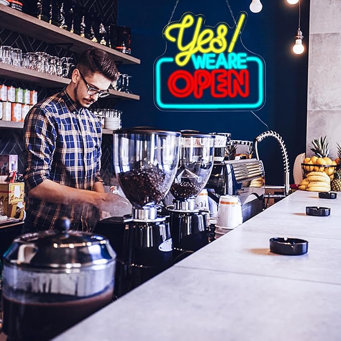 Open Neon Signs Yes We Are Open Neon Light,USB Powered,Hanging Wall Art Decor for Business,Coffee, Shop, Bar, Bakery,Hotel Store,13.7 x 12.2 IN-USB Powered-Acrylic