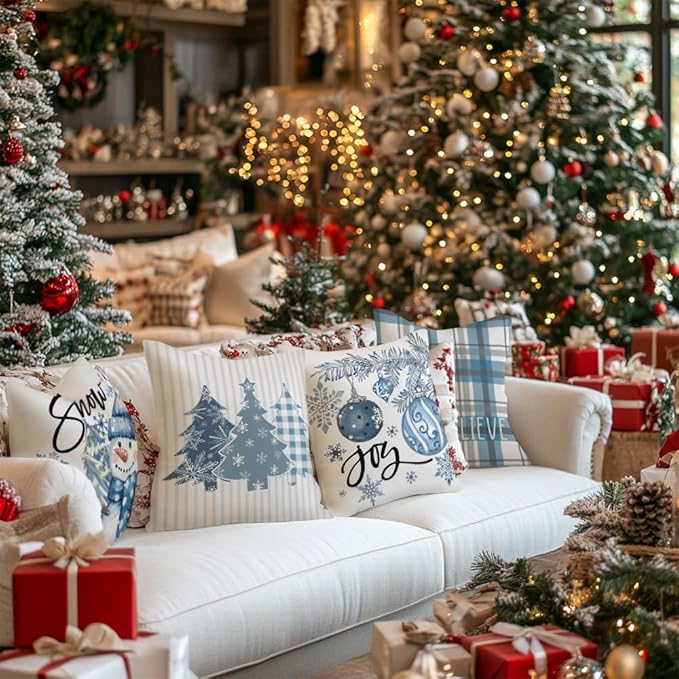 GEEORY Winter Christmas Throw Pillow Covers 16 x 16 Inch Set of 4, Xmas Trees Snowflake Snowman Joy Plaid Holiday Farmhouse Decorative Cushion Cases for Home Decoration G582-16
