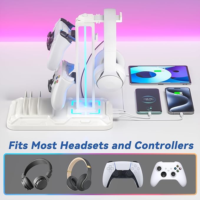 KDD Headset Stand with Charging Station - Detachable Controller Holder with 9 Light Modes - Rotatable Headphone Hanger with USB A&C Charger Ports - Earphone Hook for PC Gaming Accessories Storage