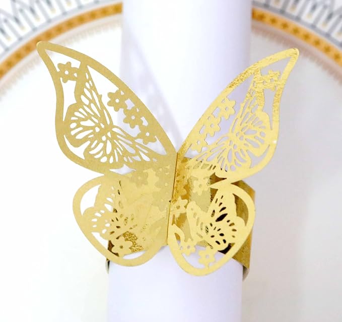 100 Pcs Napkin Rings Laser Cut Butterfly Shape Foil Paper Napkin Holder for Weddings Party Serviette Table Decoration Restaurant (Gold)