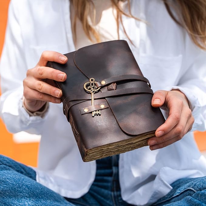 Leather Journal with Lined and Unlined Deckle Edge Paper 8x6 inch and Vintage Key | Handmade Writing Notebook Diary | Bound Daily Notepad for Men & Women Medium, Sketch/Writing pad for Artists