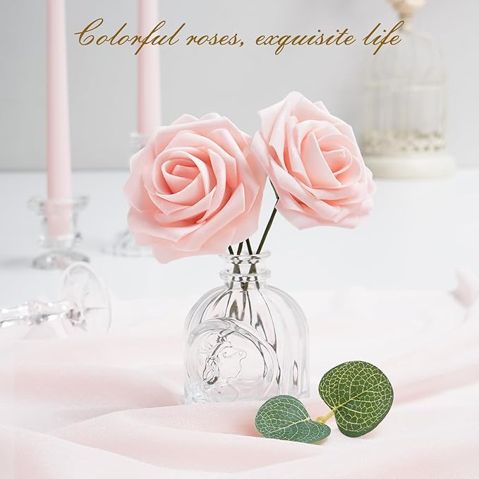 BLEUM CADE 16Pcs Artificial Flowers Fake Roses with Stems, Pink Boxed Foam Roses for DIY Bouquets Centerpieces Wedding Party Arrangement Bridal Shower Decor