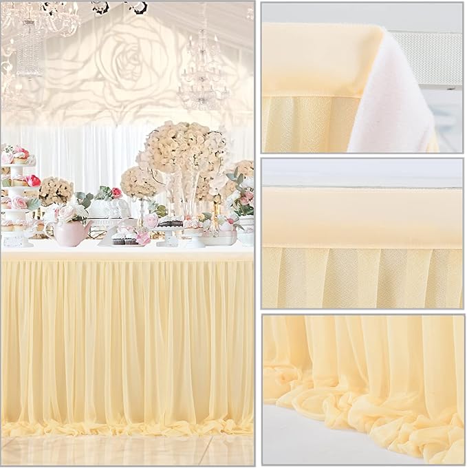 6ft Champagne Table Skirt for Rectangle Tables or Round Tables Champagne Tutu Tulle Table Skirt Cloth for Wedding Baby Shower Birthday Party Dessert Buffet Banquet Decorations