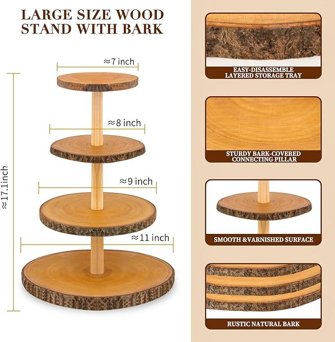 Cupcake Stand Wood Dessert Stands 4 Tier Wooden Cupcake Stand - Large Capacity, Bark-Covered, Varnished, Multi-Functional for Weddings, Baby Showers, and Parties.