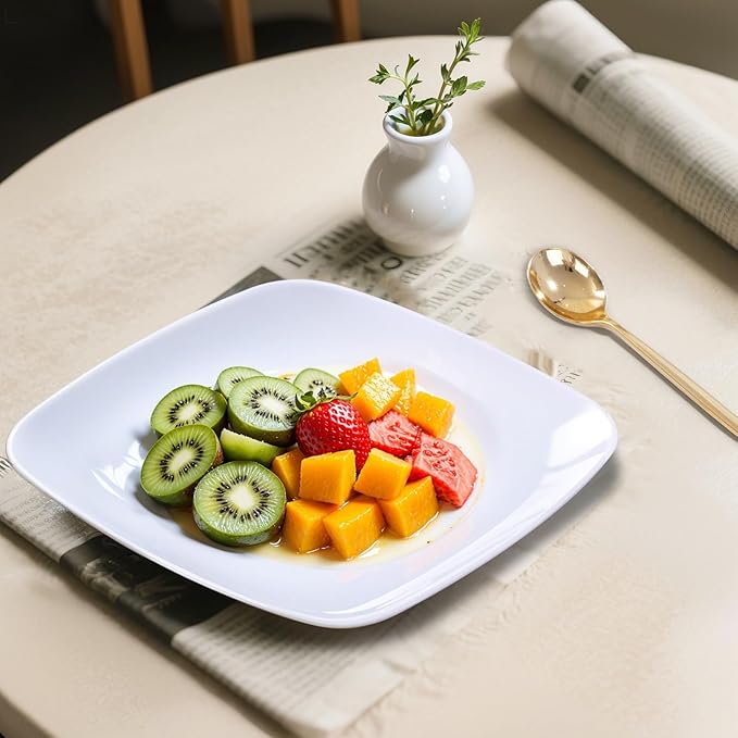 PULOTE 100PCS White Plastic Plates - White Square Disposable Include 50 Dinner 10 inch & 50 Dessert 7.25inch Plates, Ideal for Party & Wedding