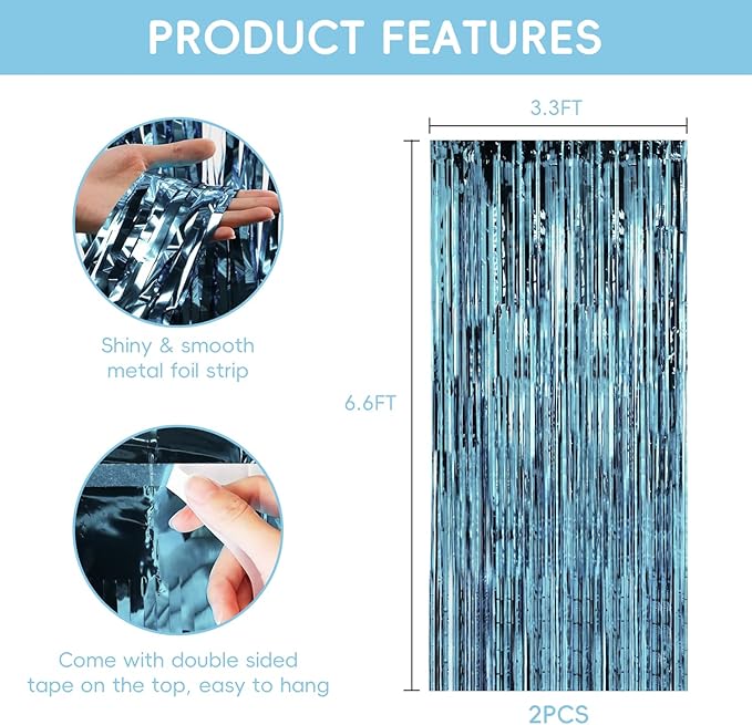 2 Pack Blue Pool Streamers Party Decorations Ocean Beach Theme Tinsel Backdrop Supplies Foil Curtain Backdrop for Baby Shower Birthday Bachelorette Wedding Celebration Halloween Party Decorations