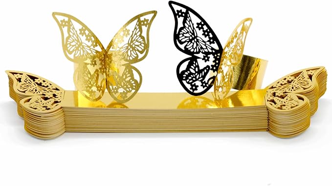 100 Pcs Napkin Rings Laser Cut Butterfly Shape Foil Paper Napkin Holder for Weddings Party Serviette Table Decoration Restaurant (Gold)
