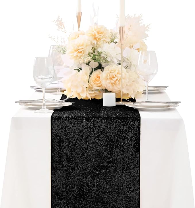 Black Table Runners Sparkly Halloween Table Runner 10 Packs 12x108 Inches Glitter Sequin Fabric for Birthday Party Holiday Supplies Decorations