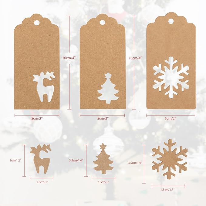 jijAcraft Christmas Gift Tags - 150Pcs Christmas Tags with String, Blank Kraft Paper Hollow Trees, Rudolph, Snowflake Shapes Holiday Labels for Xmas Party Favors, DIY Crafts, Jar