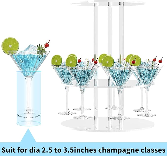 Champagne Tower, Circle Acrylic Champagne Display Rack Stand with 12 Slots, 2 Tiers Floating Sight Champagne Flute Holder for Party, Wedding, School, Celebration, 11.8x11.8x15.4 inch, 2 Pcs