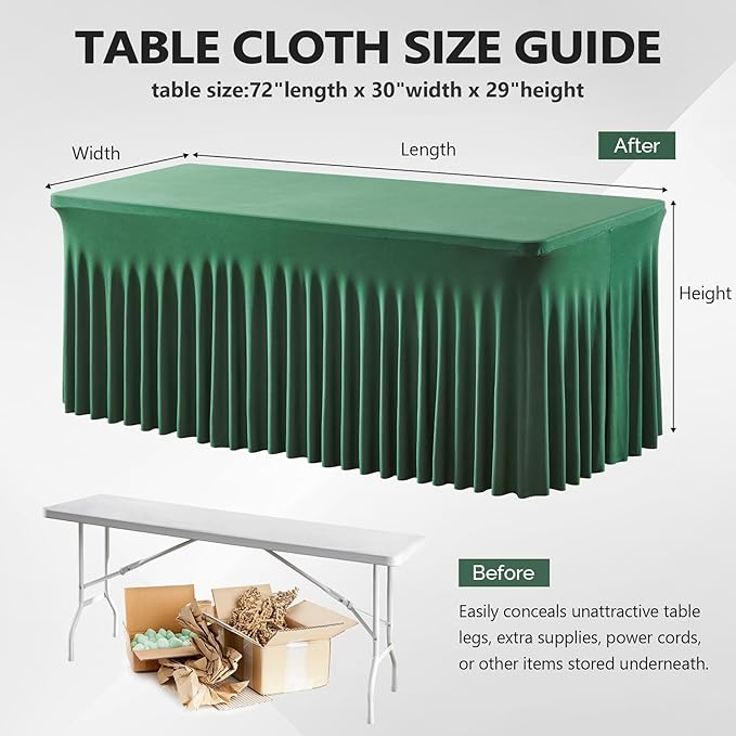 Wish Care 2 Pack Hunter Green Stretch Spandex Table Clothes for 6 Foot Rectangle Tables, 6FT Wrinkle Free Fitted Tablecloths Ruffles Design Table Cover for Party, Banquet, Wedding and Events