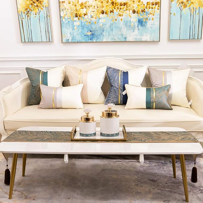 Avigers 12 x 78 Inch Decorative Luxury Abstract Striped Green Teal Table Runners with Tassels for Home Living Room Bedroom Art Decor Wedding