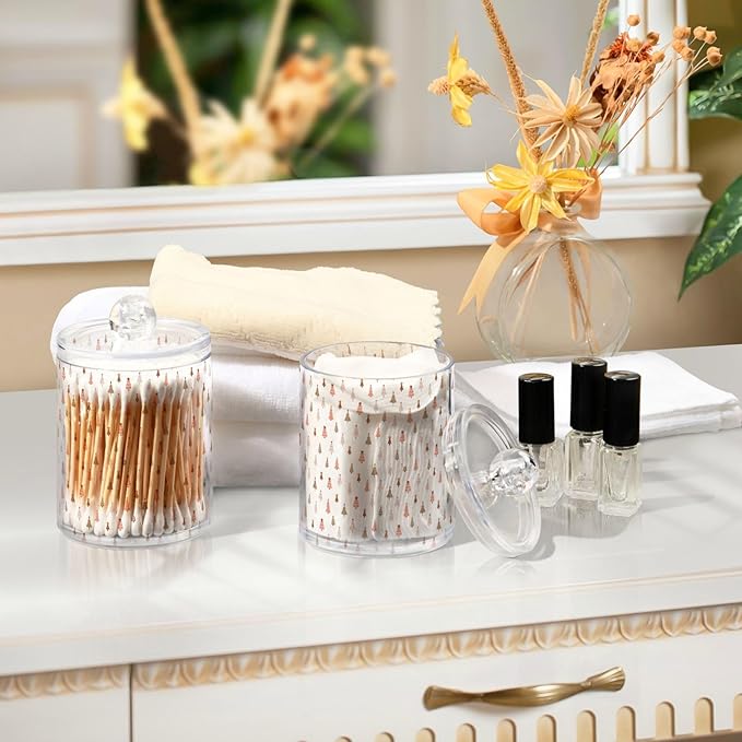 Gredecor 2 Pack Qtip Holder Clear Pastel Christmas Tree Pink Forest Apothecary Jars with Lids Acrylic Christmas Winter Bathroom Jars Vanity Canister Storage Organizer for Cotton Ball,Swabs,Pads,Floss