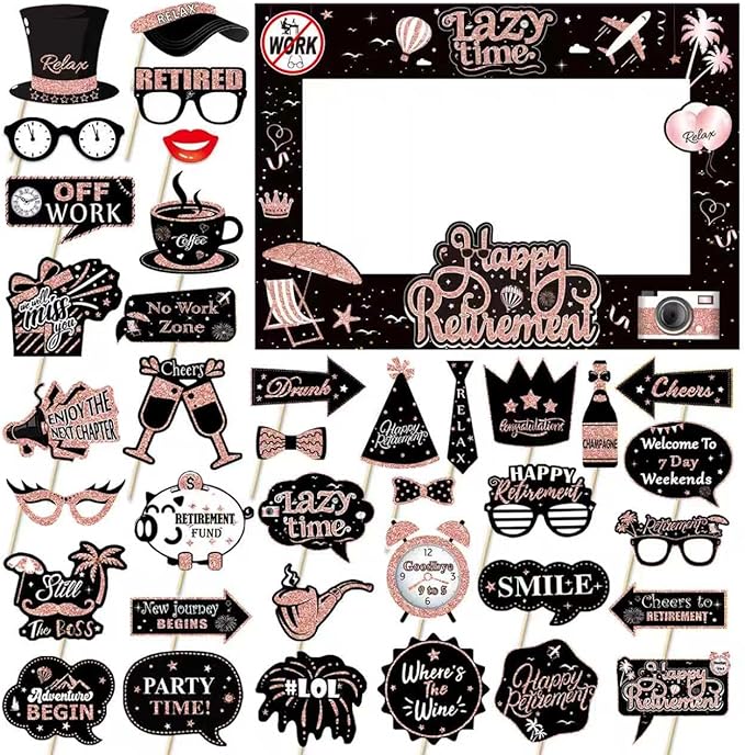 Retirement Party Photo Booth Props Kit - 27pcs Paper Photo Props 1 Frame Glitter Retirement Party Decorations for Retiree Celebration, Farewell Office Party Supplies (Rose Golden and Black)