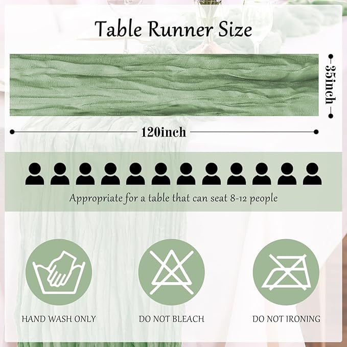 6-Pack Sage Green Cheesecloth Table Runners – 10FT (35x120 Inch) Boho Rustic Gauze Fabric Cheese Cloth Table Runner for Weddings, Baby Showers, Bridal Shower, Farmhouse & Birthday Party Decor