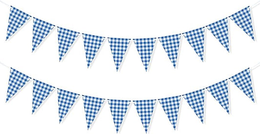 2 Pieces Blue Checkered Flags Banner, Double Sided Blue and White Gingham Bunting Garland for Summer BBQ Picnic Wedding Baby Shower Birthday Party Decorations Supplies