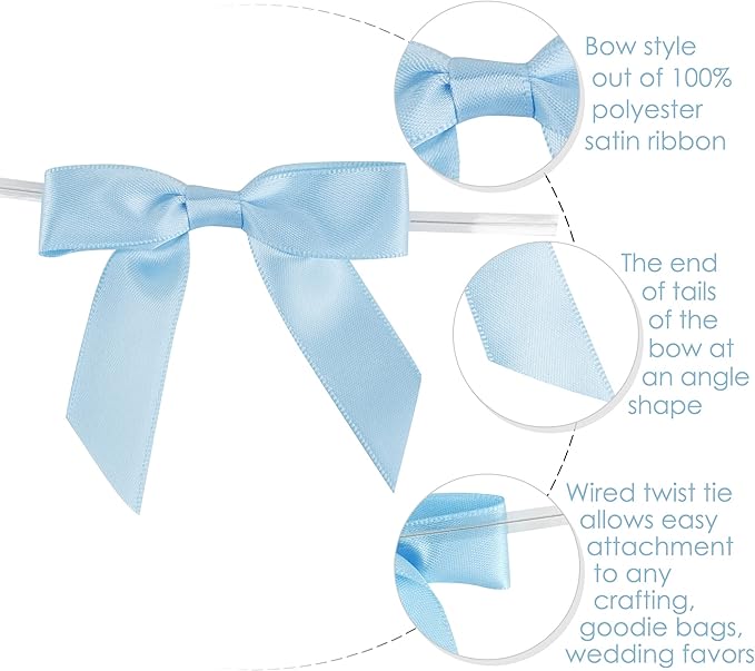 AIMUDI Light Blue Satin Ribbon Twist Tie Bows 2.5" Pretied Blue Bows for Baby Shower Premade Baby Blue Bows for Crafts Treat Bags Cake Pop Gift Wrapping Wedding Party Favors Goodie Bags - 50 Counts