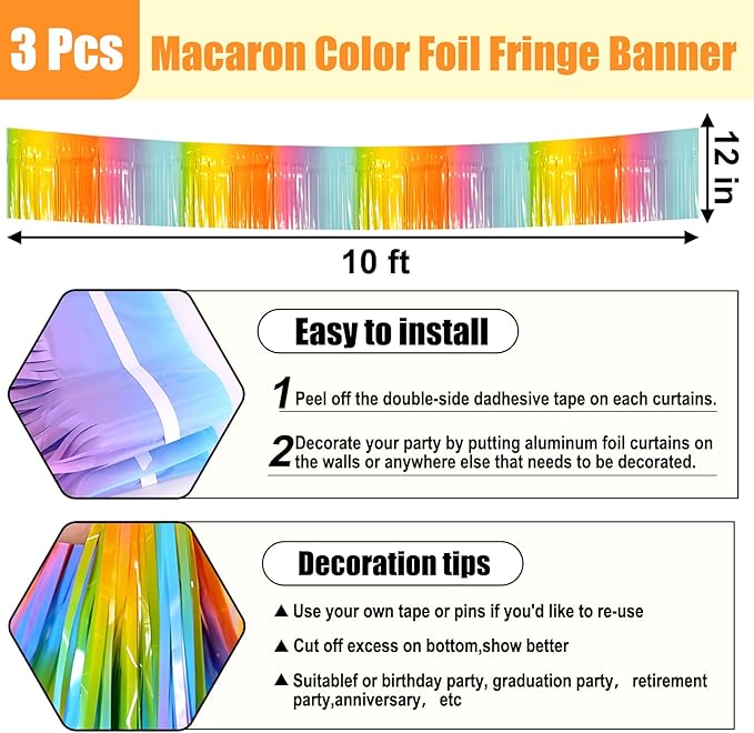 3 Pack 10 Long Rainbow Metallic Foil Fringe Garland Wall Hanging Tassle Banner,Bridal Shower,Christmas Party,Parade Floats, BirthdayParty Decoration,Theme Party,All Saints'Day