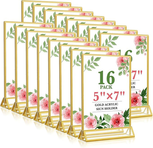 Gold Acrylic Sign Holder 5x7, 16 Pack Wedding Gold Frame Table Number Holders Vertical, Clear Picture Frames Flyer Stands Tables Menu Holder, Double Photo Paper Display Holder for Party, Home, Office