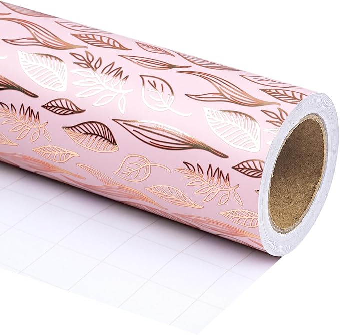 WRAPAHOLIC Pink Wrapping Paper Roll - 17 Inch x 33 Feet - Metallic Rose Gold Leaves Wedding Wrapping Paper for Birthday, Baby Shower, Wedding, Bridal Shower