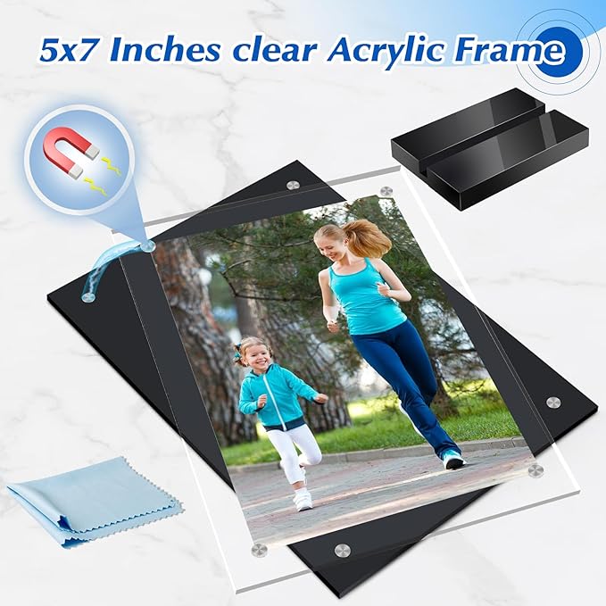 2 Pack Acrylic Magnetic Picture Frame 4x6, Clear Frame for Horizontal Vertical Tabletop Display, Black Photo Frame Magnets for Fridge