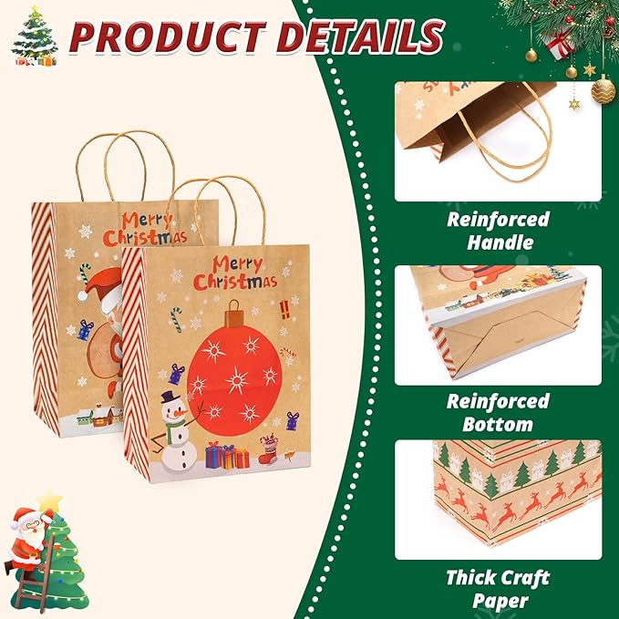LYLIN 10Pcs Kraft Christmas Gift Bags, Christmas Tote Bags with Handles for Holiday, Reusable Xmas Treat Bags for Wrapping Gifts, Party Favors and Holiday Decor (5 Medium, 5 Small)