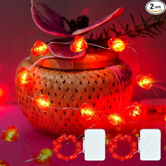 2 Pack Valentine’s Day Red Heart Fairy String Lights 16FT 50 LEDs Valentine's Day Lights Battery Powered Mother Day Decor
