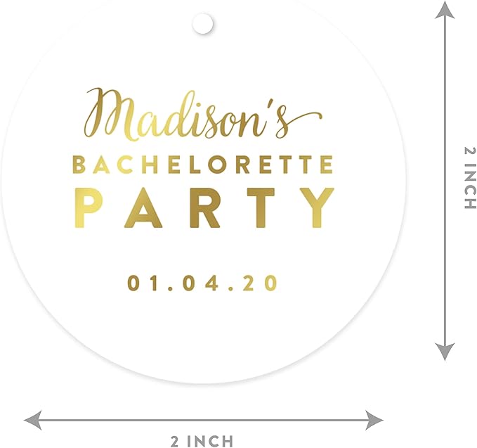 Andaz Press Personalized Round Circle Wedding Gift Tags, Metallic Gold Ink, Bachelorette Party, 24-Pack, Custom Made Any Name, Gold Party Decor