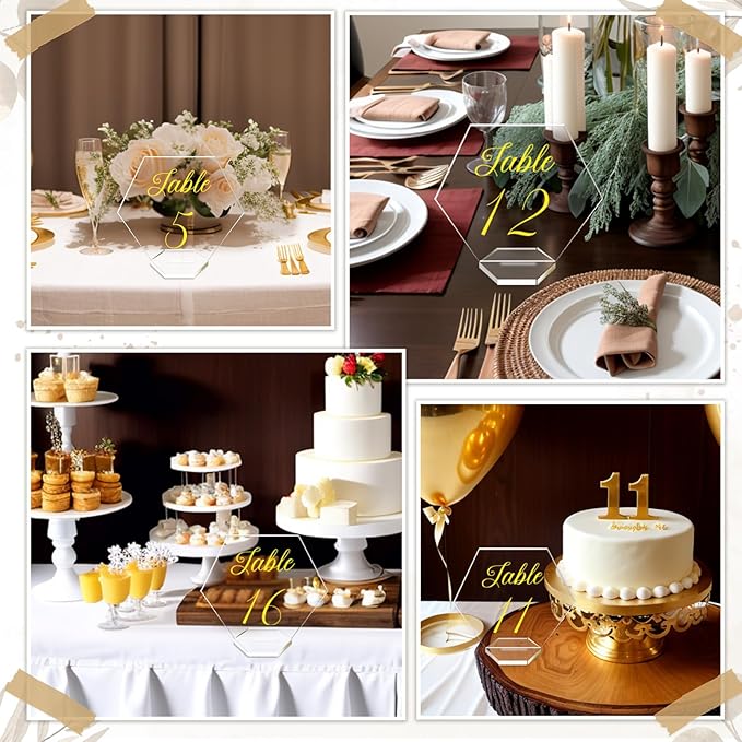 OurWarm Large Acrylic Wedding Table Numbers 1-20, Elegant Printed Calligraphy Place Cards with Stand, Hexagon Multi-functional Clear Acrylic Sign and Holder, Ideal for Wedding Reception Events