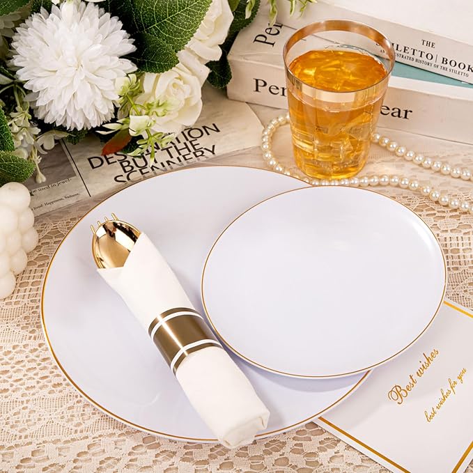 KIRE 350 PCS White and Gold Plates Disposable - Elegant Dinnerware Set of 50 Guest, White Plastic Plates With Gold Rim, Pre Rolled Napkins with Silverware & Cups for Thanksgiving Party/Wedding