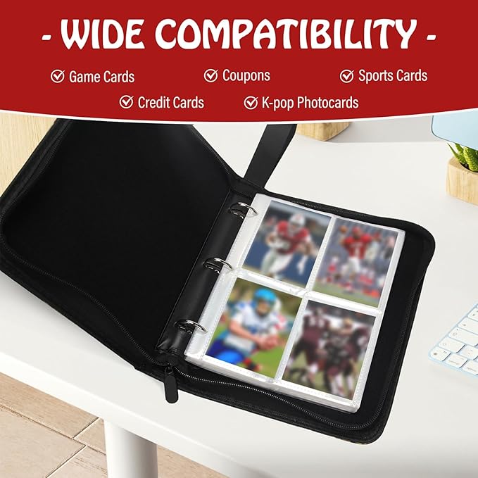Football Card Binder,Trading Card Binder 4 Pocket,400 Pockets Card Holder with 50 Removable Sleeves,Trading Card Albums for Game Cards,Premium Card Book, Game Cards & Sports Cards Red