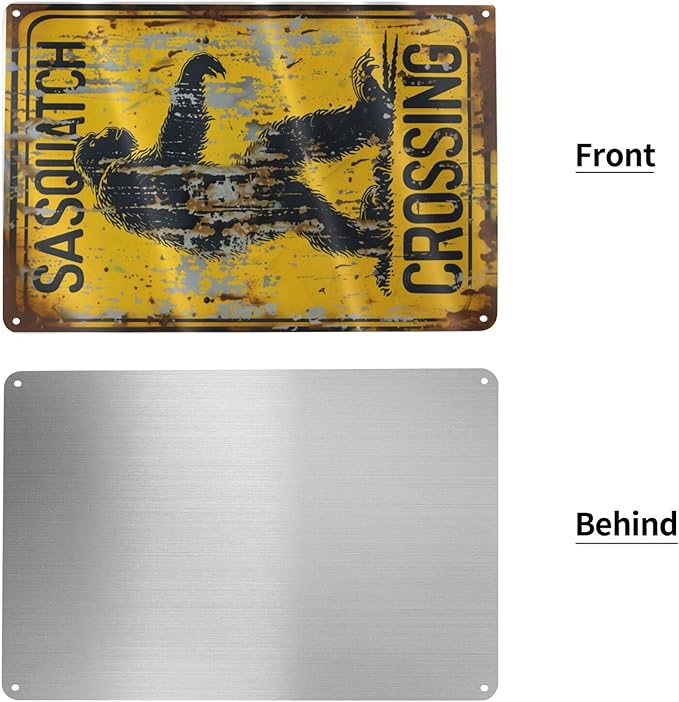 Retro Funny Metal Tin Sign - "Sasquatch Crossing" Outdoor Wall Décor, Vintage Sign for Home, Garden, Garage, or Cabin Decoration, 8 x 12 Inches