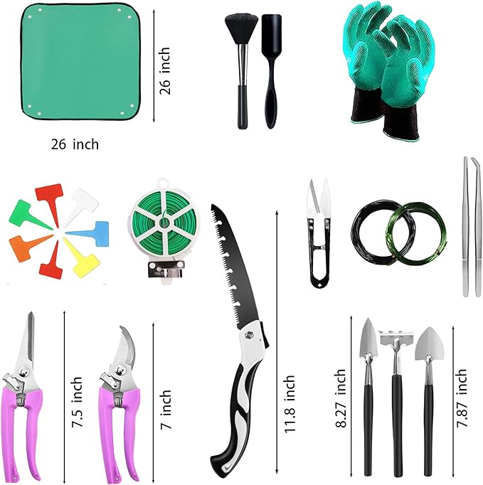 Bonsai Tools Set for Beginners, Bonsai Tree Kit with Training Wire, Scissors, Pruning Shears, Repotting Kit, Indoor Plant Tools Starter Kit (Purple with saws)
