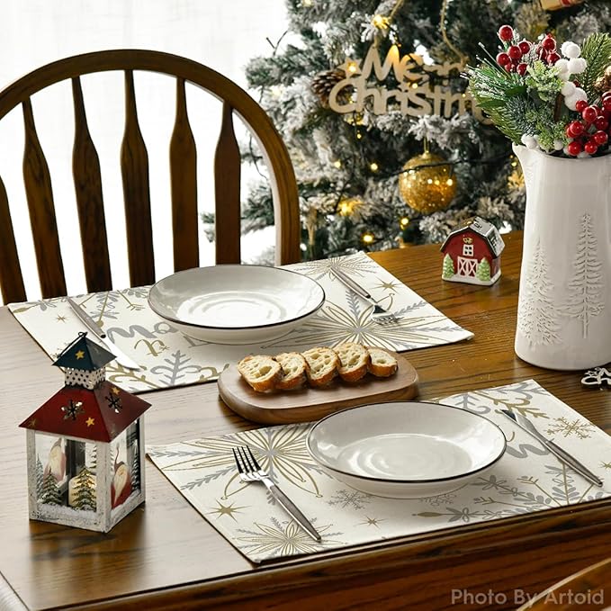 Artoid Mode Beige Snowflake Let It Snow Winter Placemats Set of 4, 12x18 Inch Seasonal Christmas Table Mats for Party Kitchen Dining Decoration