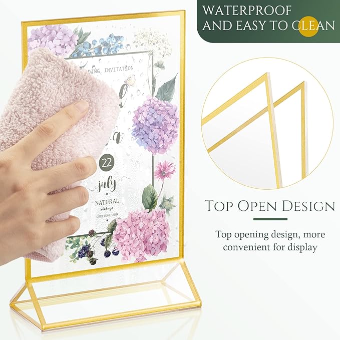 Hoteam 18 Pack Clear Acrylic Double Sided Frames Display Holder Gold Frames Acrylic Signs with Stand 2mm Gold Border for Wedding Restaurant Office Home Store Numbers Signs (5 x 7 Inch, Vertical)