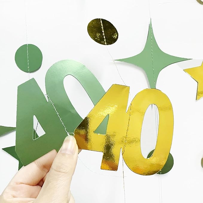 Sage Green Gold 40th Birthday Decorations Number 40 Circle Dot Twinkle Star Garland Streamer Banner Backdrop for Women Mens Cheers to 40 Years Old Birthday Happy 40th Anniversary Party Supplies