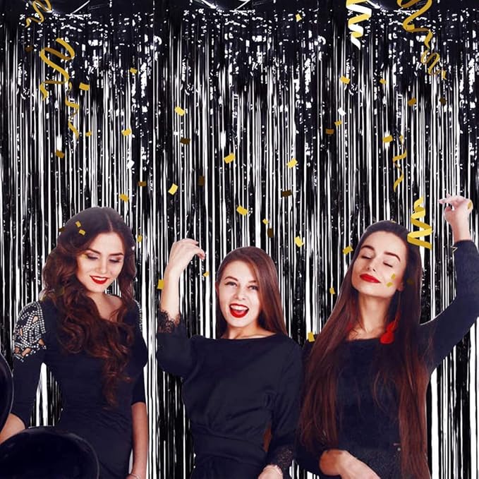 TONIFUL 3Pcs Black Door Streamers,Black Photo Booth Backdrop Metallic Streamers Foil Fringe Curtains for Halloween,Birthday,Christmas,New Year,Bachelorette,Graduation Party Decor(9.9ft x 8.2ft)