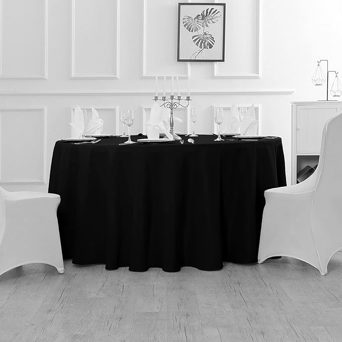 Fokitut 12 Pack Waterproof Round Tablecloth, 132 Inch, Stain Resistant and Wrinkle Polyester Table Cloth, Fabric Table Cover for Kitchen Dining, Wedding, Party, Holiday Dinner-Black