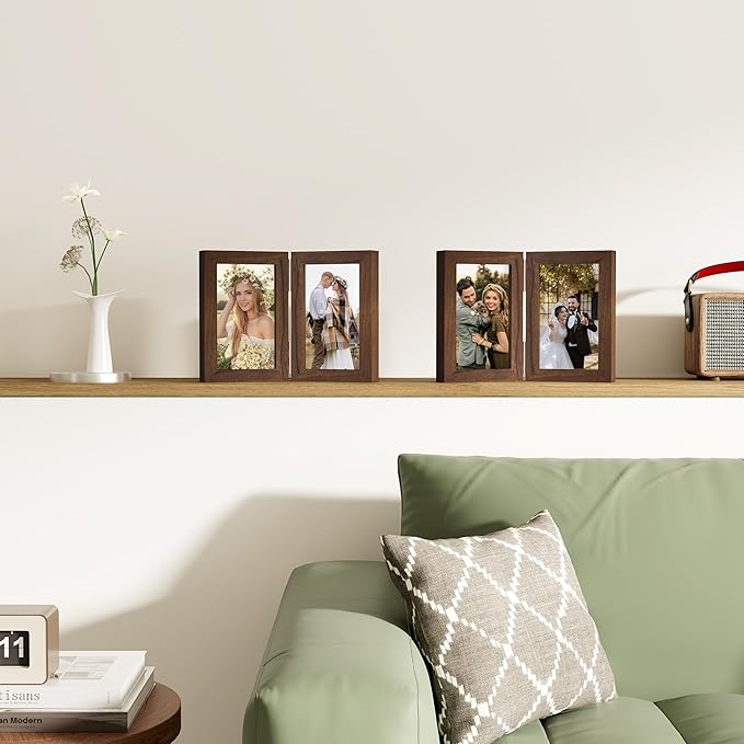 decorUhome Double 4x6 Picture Frame Vertical, Engineered Wood Bifold Photo Frame with Plexiglass for Tabletop Display, 4x6, Brown