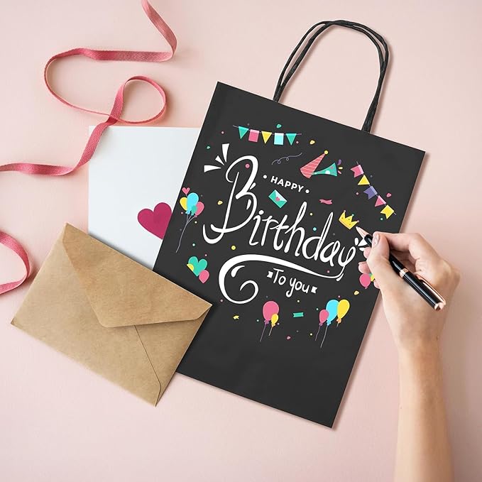 METRONIC Kraft Paper Gift Bags with Handles 8x4.75x10.5 Inch 600 Pcs | Christmas, Birthday Party Favors, Retail Shopping, Small Business Bulk | Black Gift Wrap Bag