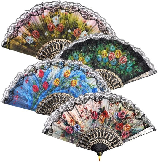 HUNANBANG 4 Pieces Folding Hand Fans Church Wedding Gift, Party Favors, DIY Decoration Gift Size9 Wholesale 4pack (Spanish 4pack)
